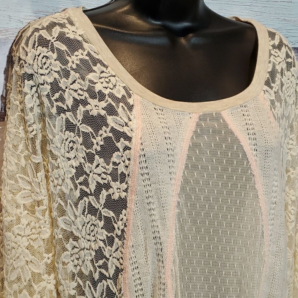 Jolt Sheer Lace Cream Long Sleeve Blouse Patchwork Sz L